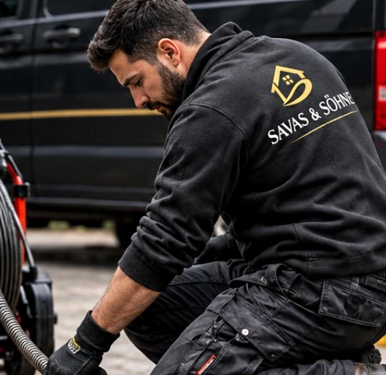 Rohrreinigung mit professioneller Reinigungsspirale und Servicefahrzeug – Werbemotiv von Savas & Söhne